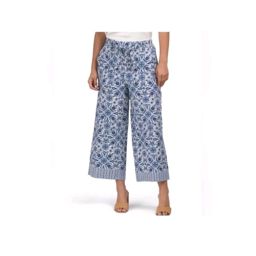 JOIE Linen Blend Boho Pants Wide Leg Women Size 8 Vacation Cobalt Blue Floral